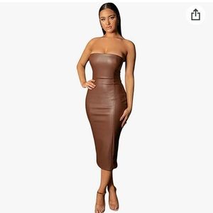 Women Sexy Strapless Tube Top Midi Dress Off Shoulder Bodycon Faux Leather Dress